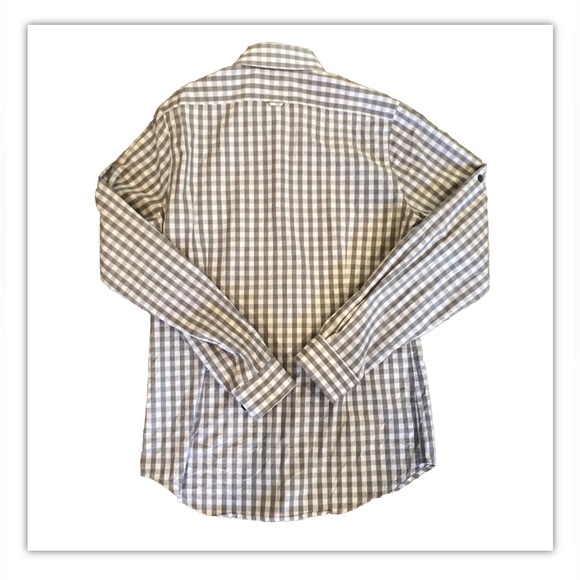 EXPRESS Shirt Mens Small Fitted Button Up Plaid Long Sleeve Fitted Gray White - Picture 3 of 3